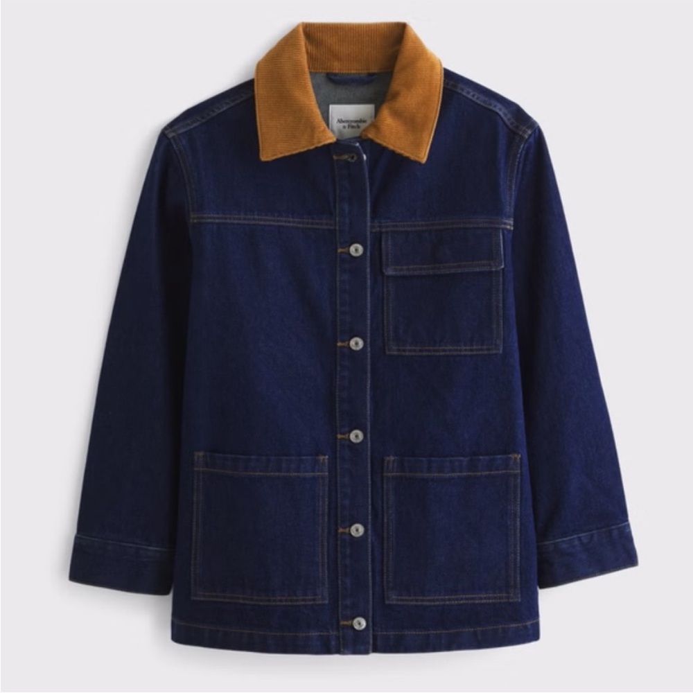 Abercrombie & Fitch Dark Blue Denim Jacket with Tan Corduroy Collar - Picture 1 of 8